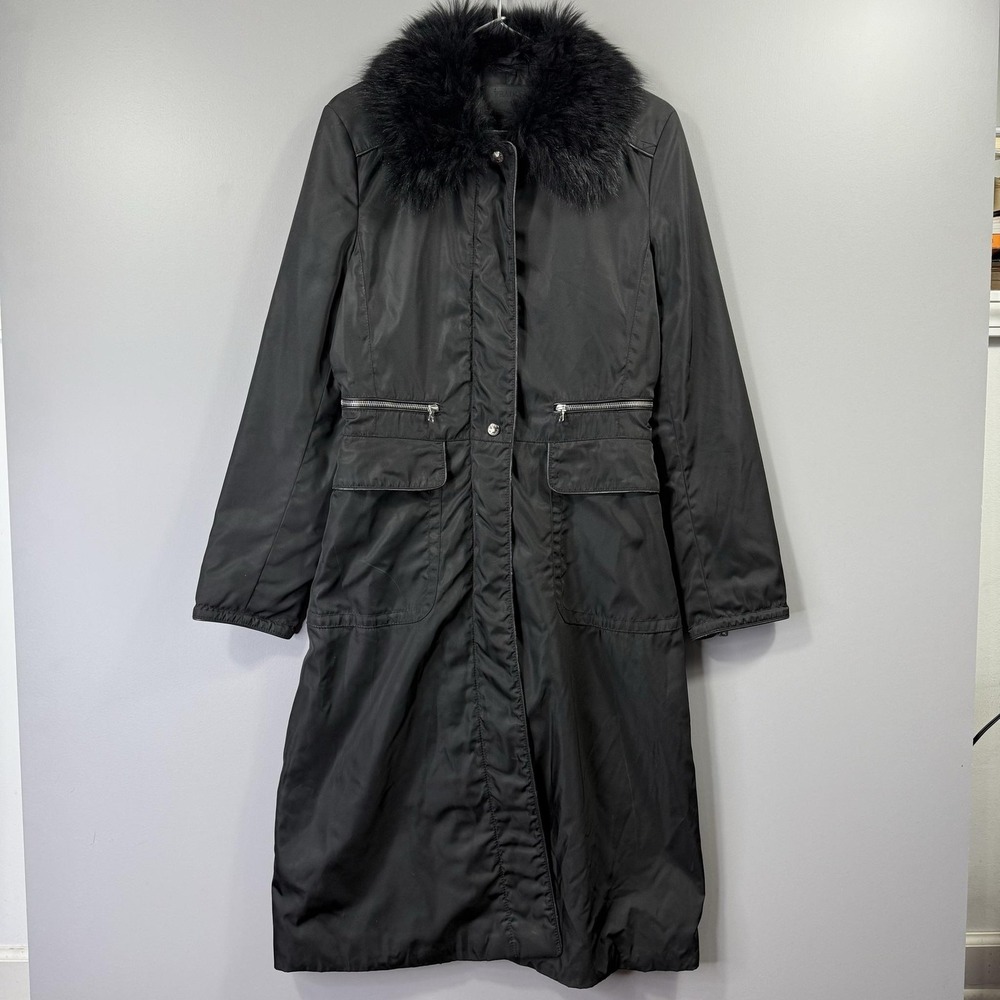 VTG Prada Coat Womens 42 Black Nylon Long Fur Trim Parka Jacket Full Zip Italy